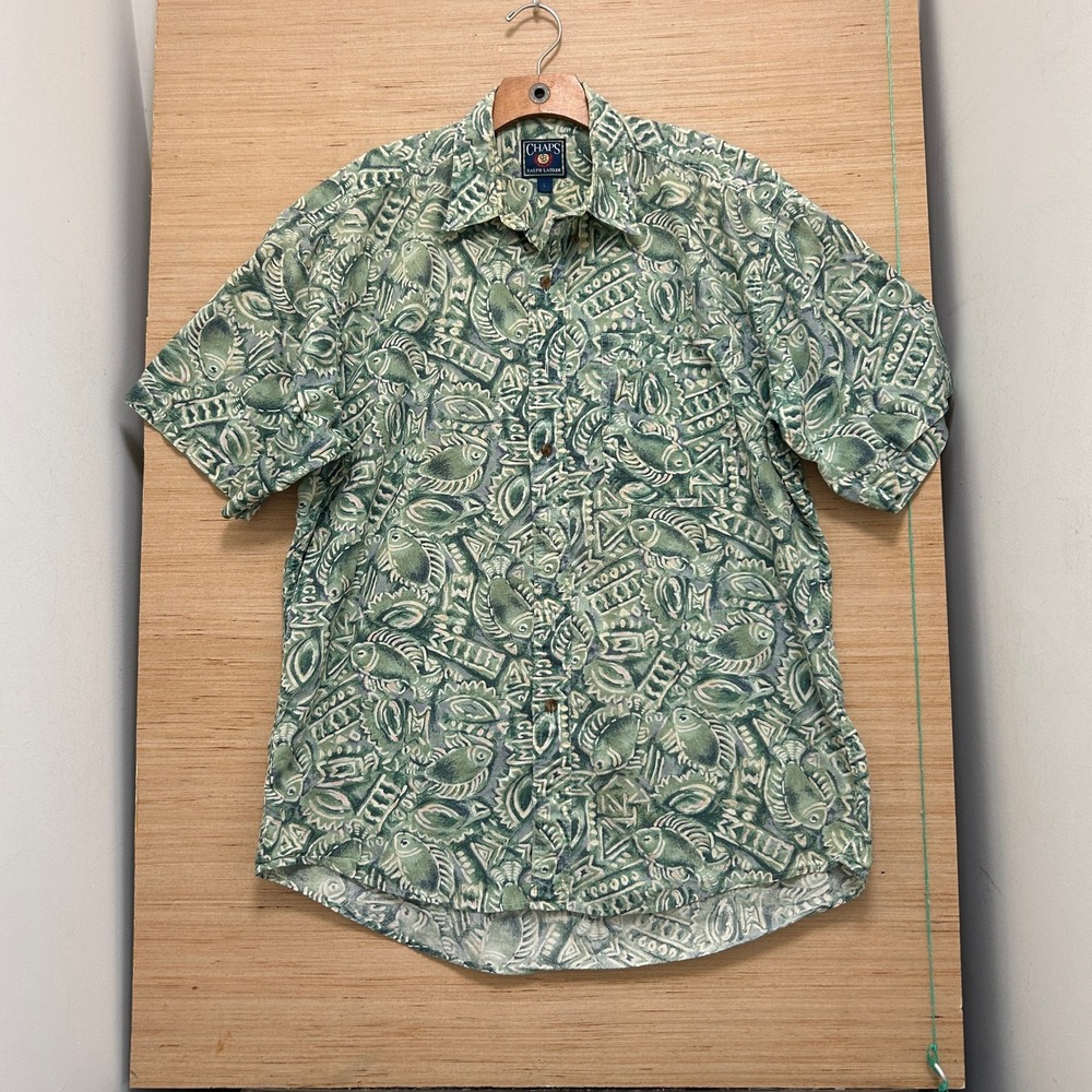 Chaps Ralph Lauren Mens Green Abstract Fish Print Cotton Button Down Shirt L
